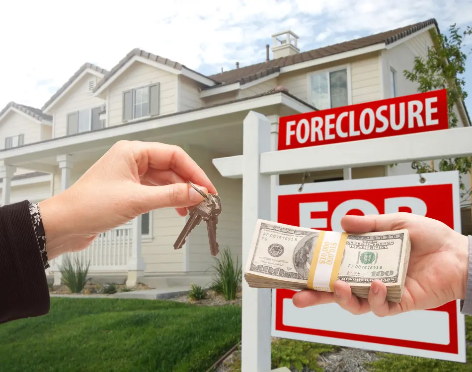Sell Your House Fast for Cash Before Foreclosure Hits in Austin, TX Handing over house keys for cash in front of a foreclosure sign in Austin, TX