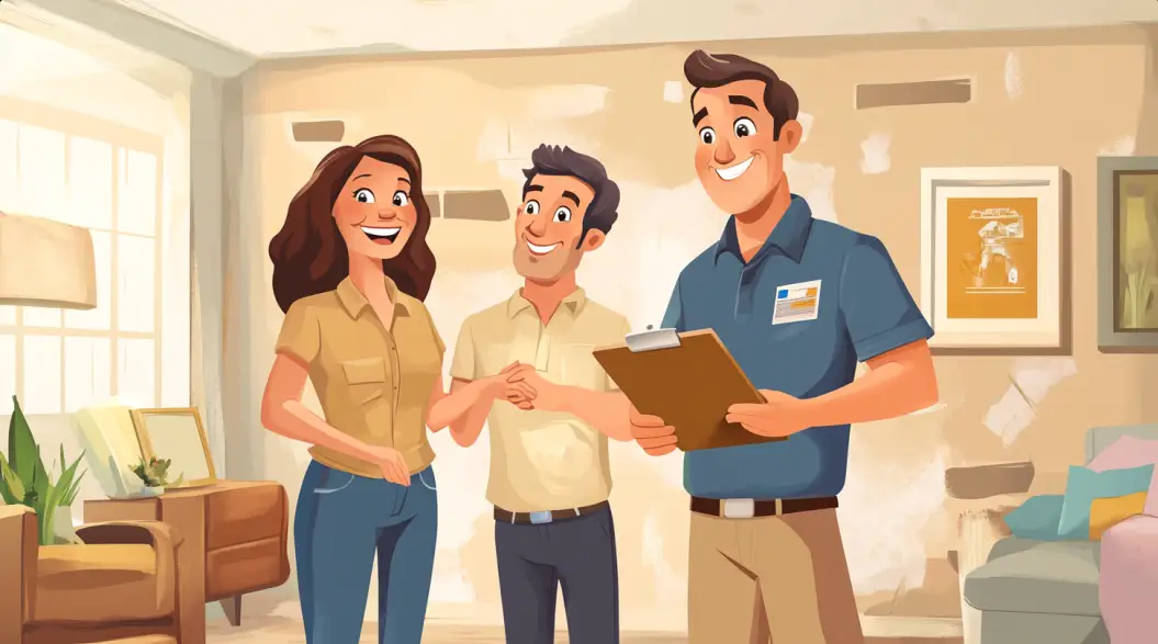 Austin homeowners getting foreclosure help from trusted home buyer Smiling couple meeting with friendly local home buyer in Austin TX to stop foreclosure