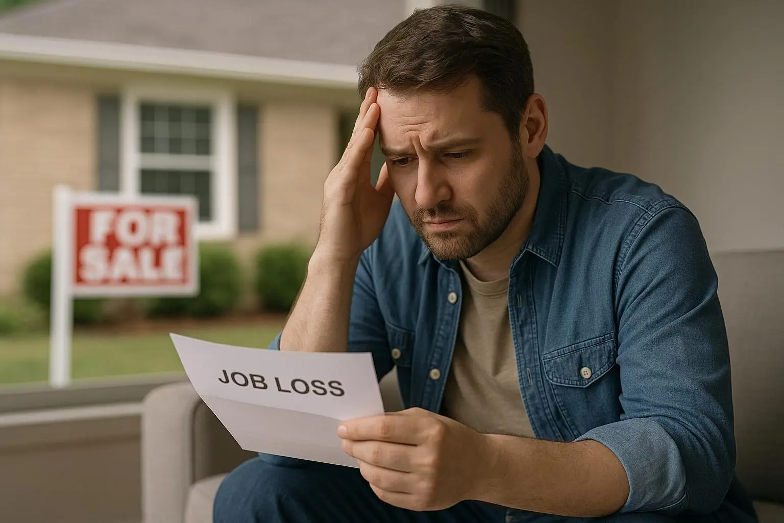 Job Loss in Austin Leads to Difficult Home Sale Decision Worried man reading a job loss letter with a for sale sign outside his home in Austin, TX