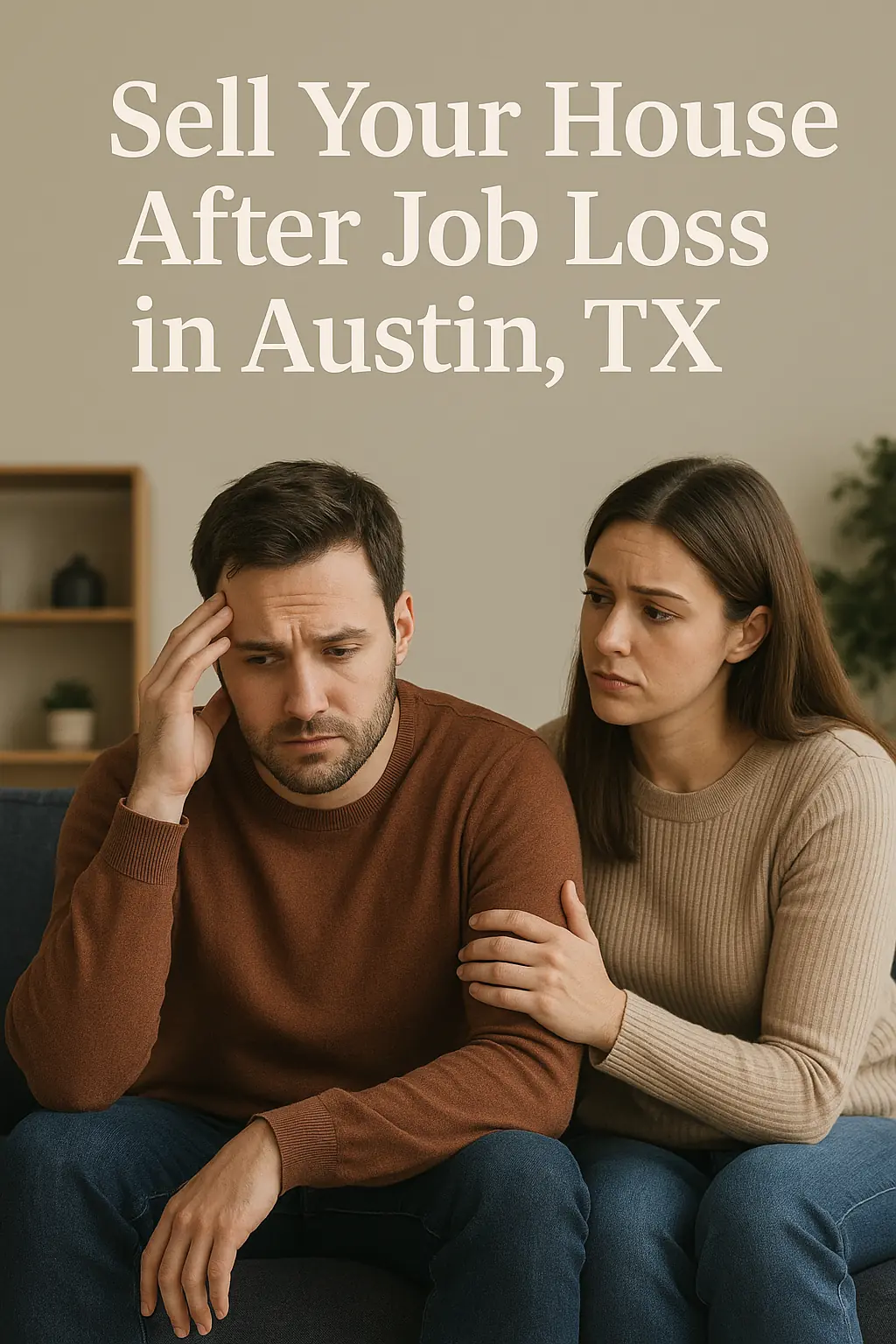 Sell Your House After Job Loss in Austin, TX – Simple and Fast Worried couple sitting on couch after job loss in Austin, TX
