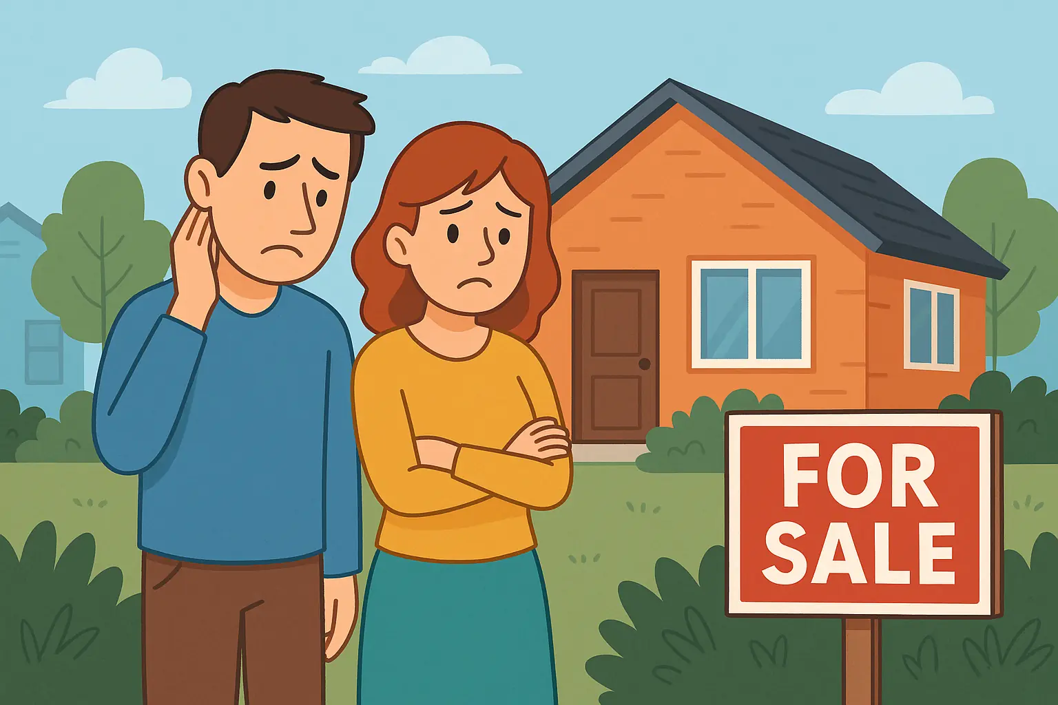 Cartoon Illustration — Home Sale After Job Loss in Austin, TX Cartoon couple standing outside Austin TX home with for sale sign after job loss