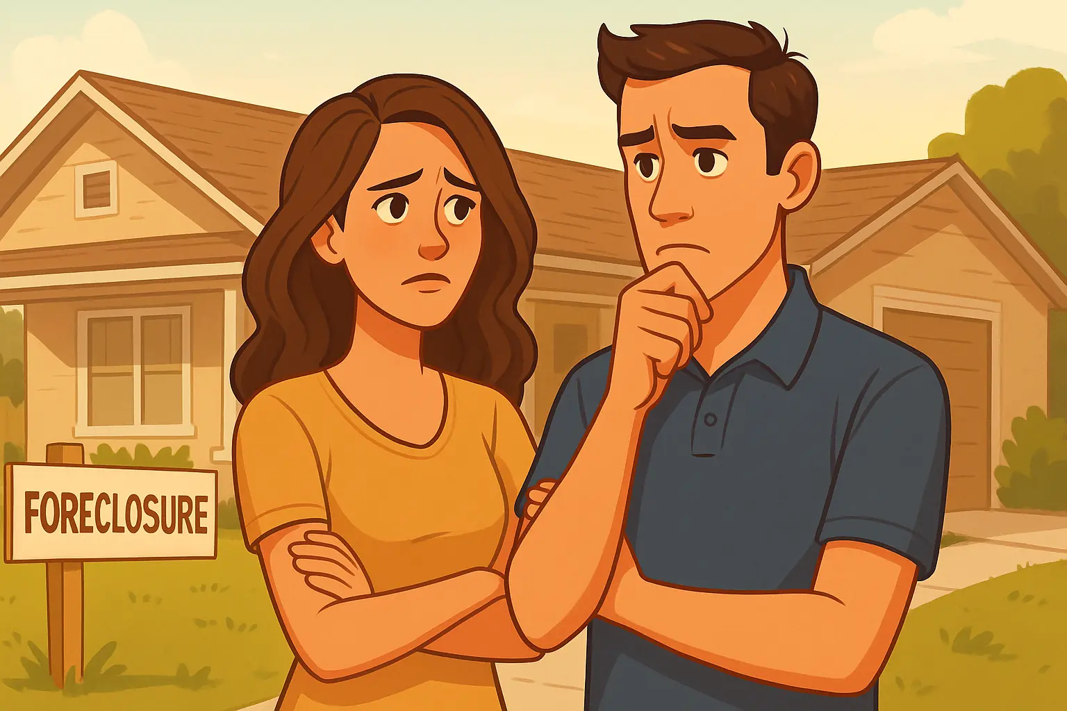 Cartoon Couple Facing Foreclosure in Austin, TX – Searching for a Way to Delay It Cartoon couple standing outside their Austin home, worried about foreclosure and looking for answers