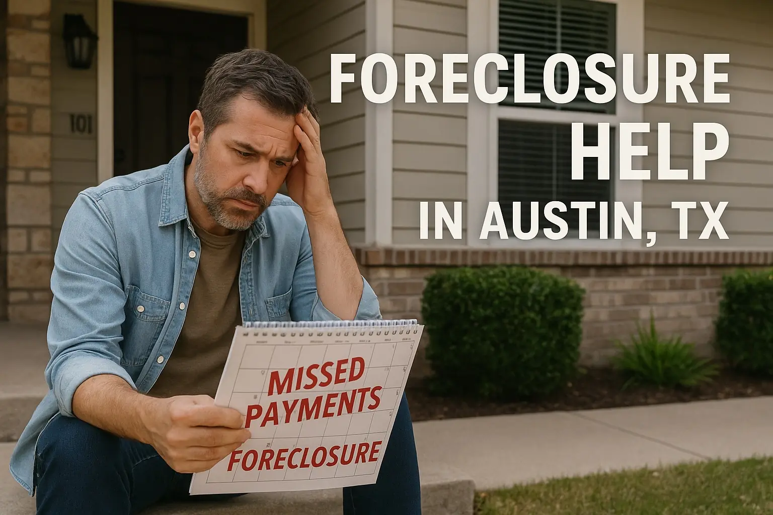 Foreclosure Help for Austin Homeowners Worried man sitting on porch reviewing calendar with foreclosure notice in Austin