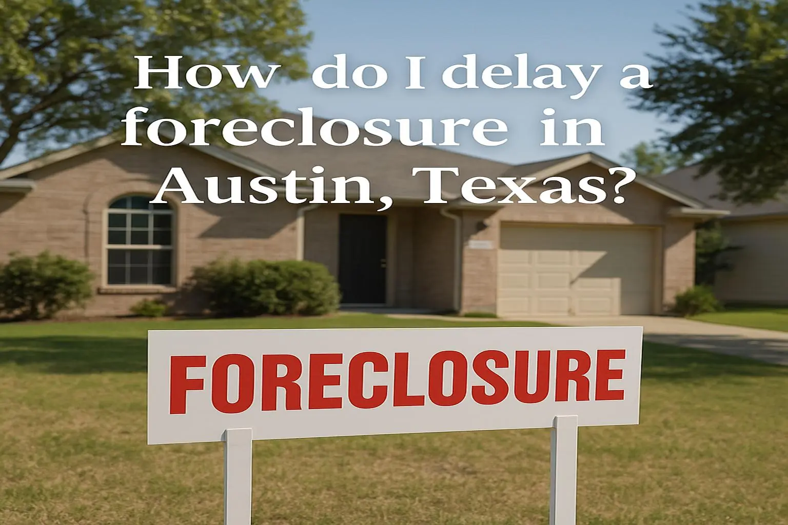 How to Delay a Foreclosure in Austin, Texas – Real Home Photo Foreclosure sign in front of a single-story Austin home with text “How do I delay a foreclosure in Austin, Texas?”
