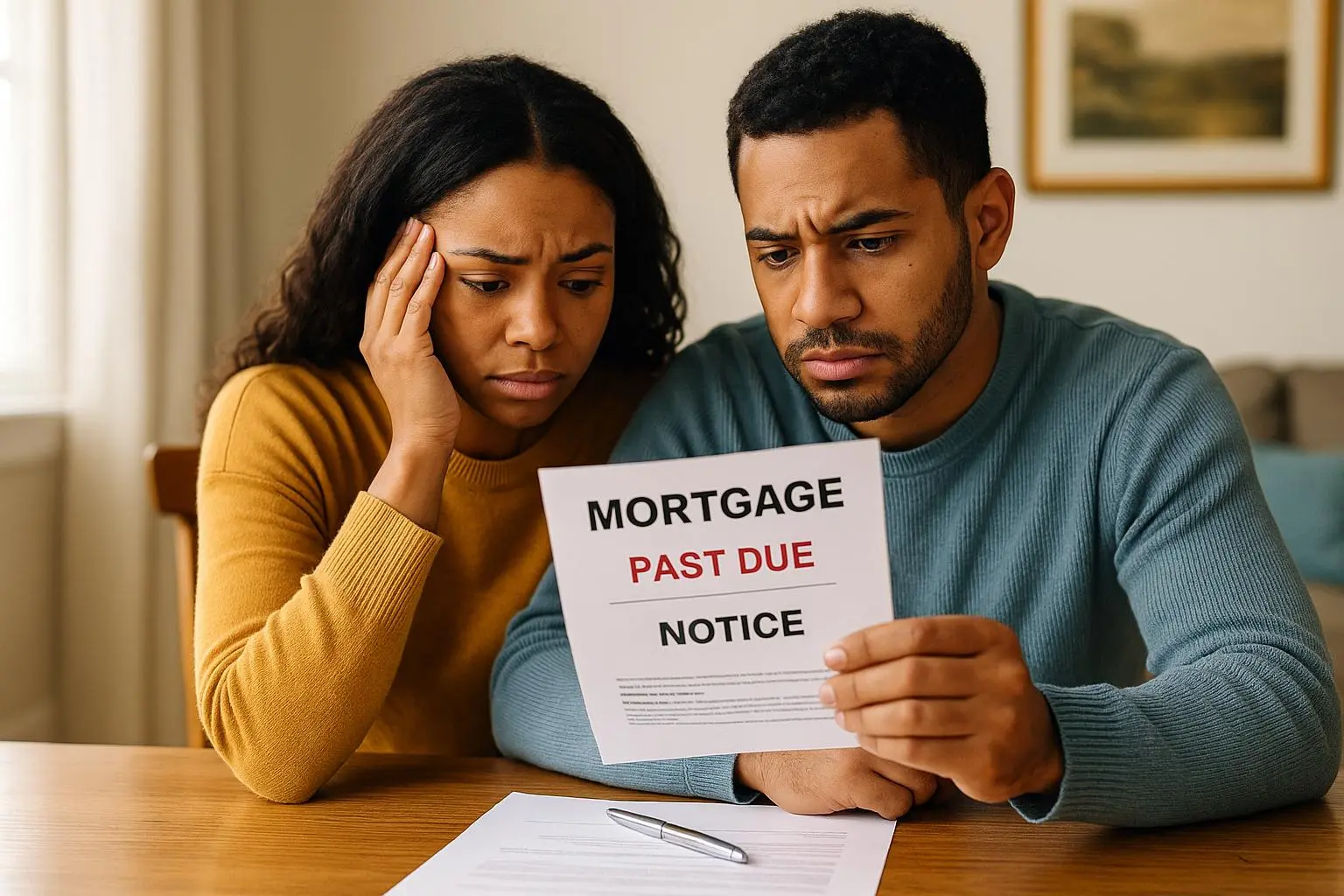Concerned Homeowners Reviewing Missed Mortgage Notice in Texas Young couple looking worried at a past due mortgage notice in their kitchen