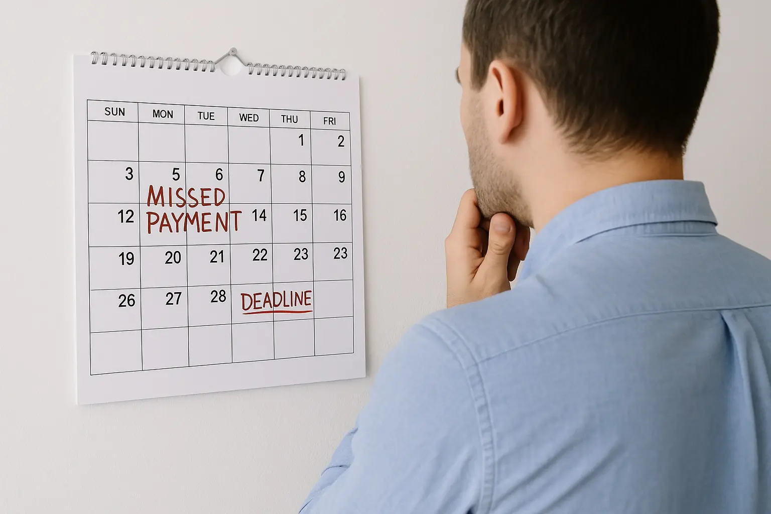 Austin Homeowner Facing Missed Payment and Foreclosure Deadline Man looking at calendar showing missed mortgage payment and payment deadline