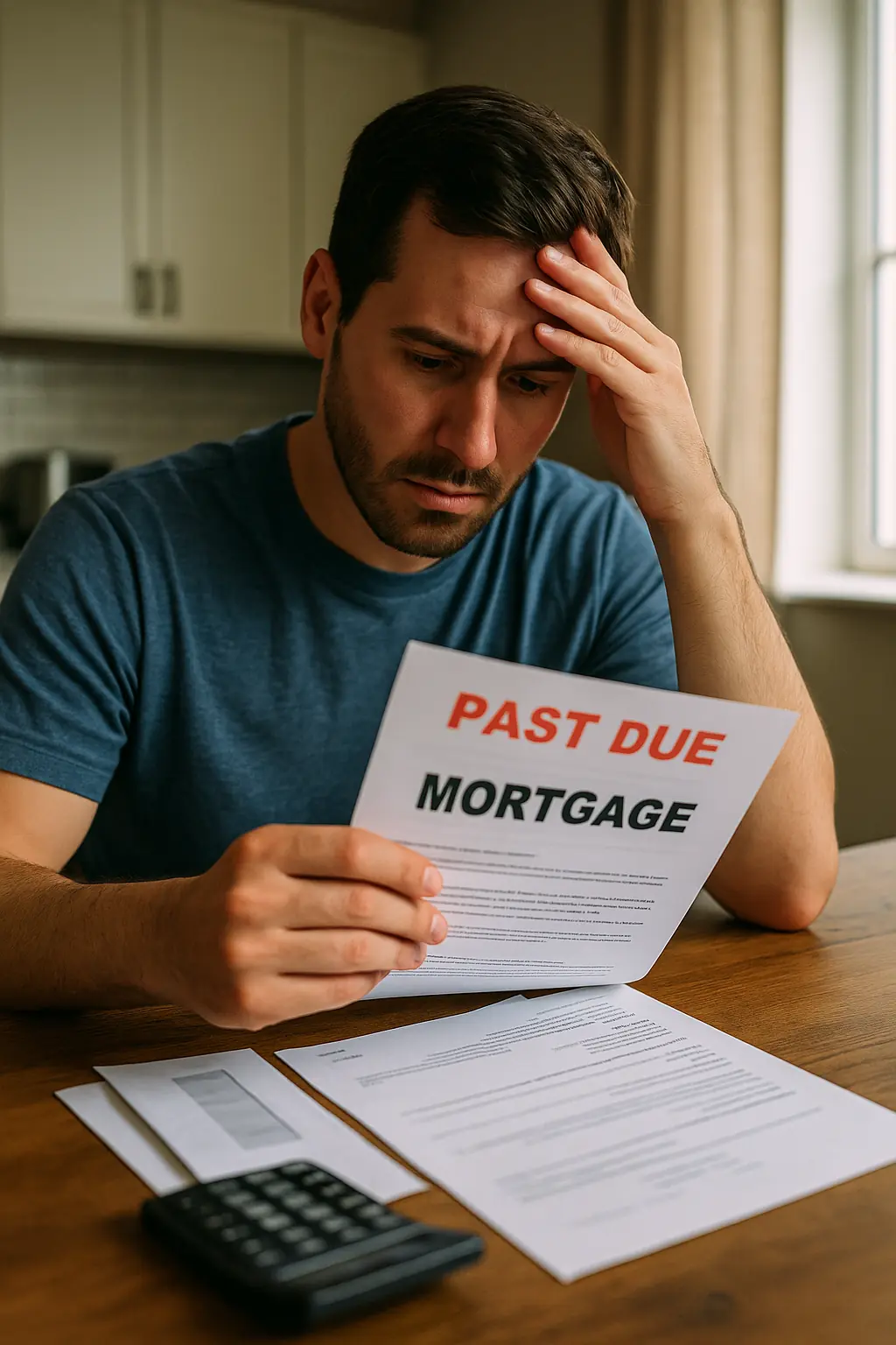 Austin Homeowner Struggling with Past-Due Mortgage After Job Loss Worried Austin man reading a past-due mortgage notice after losing his job