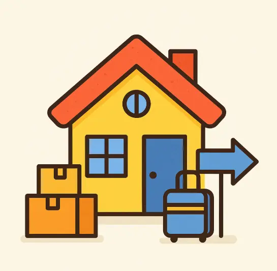 Relocating and Need to Sell Fast – Austin TX Icon Colorful icon of a house with moving boxes and suitcase, representing relocation in Austin, TX