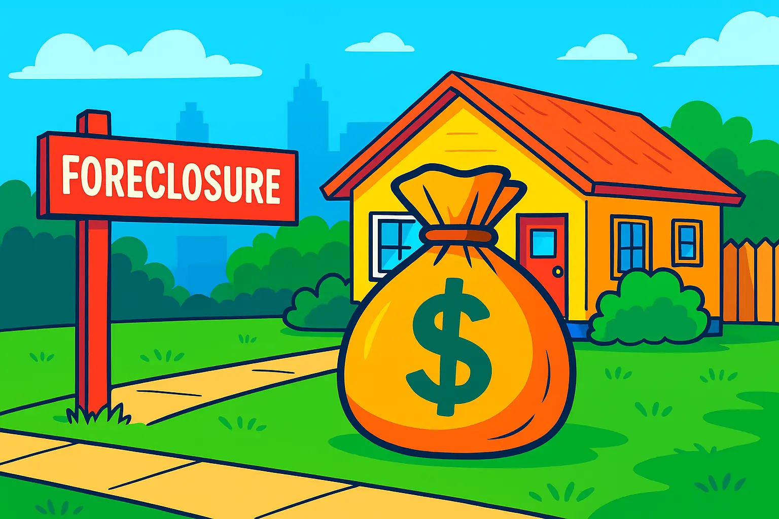 Bright Foreclosure and Cash Offer Illustration – Austin, TX Colorful cartoon of a foreclosure sign, money bag, and house in Austin, Texas