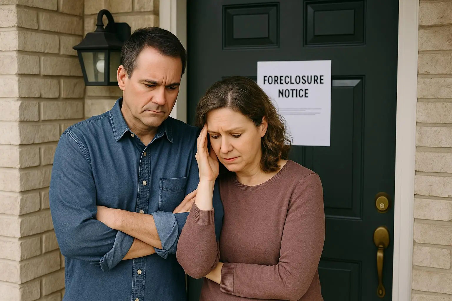 Austin Homeowners Facing Foreclosure – A Real Look at the Struggle Worried couple stands outside their Austin home with a visible foreclosure notice taped to the door