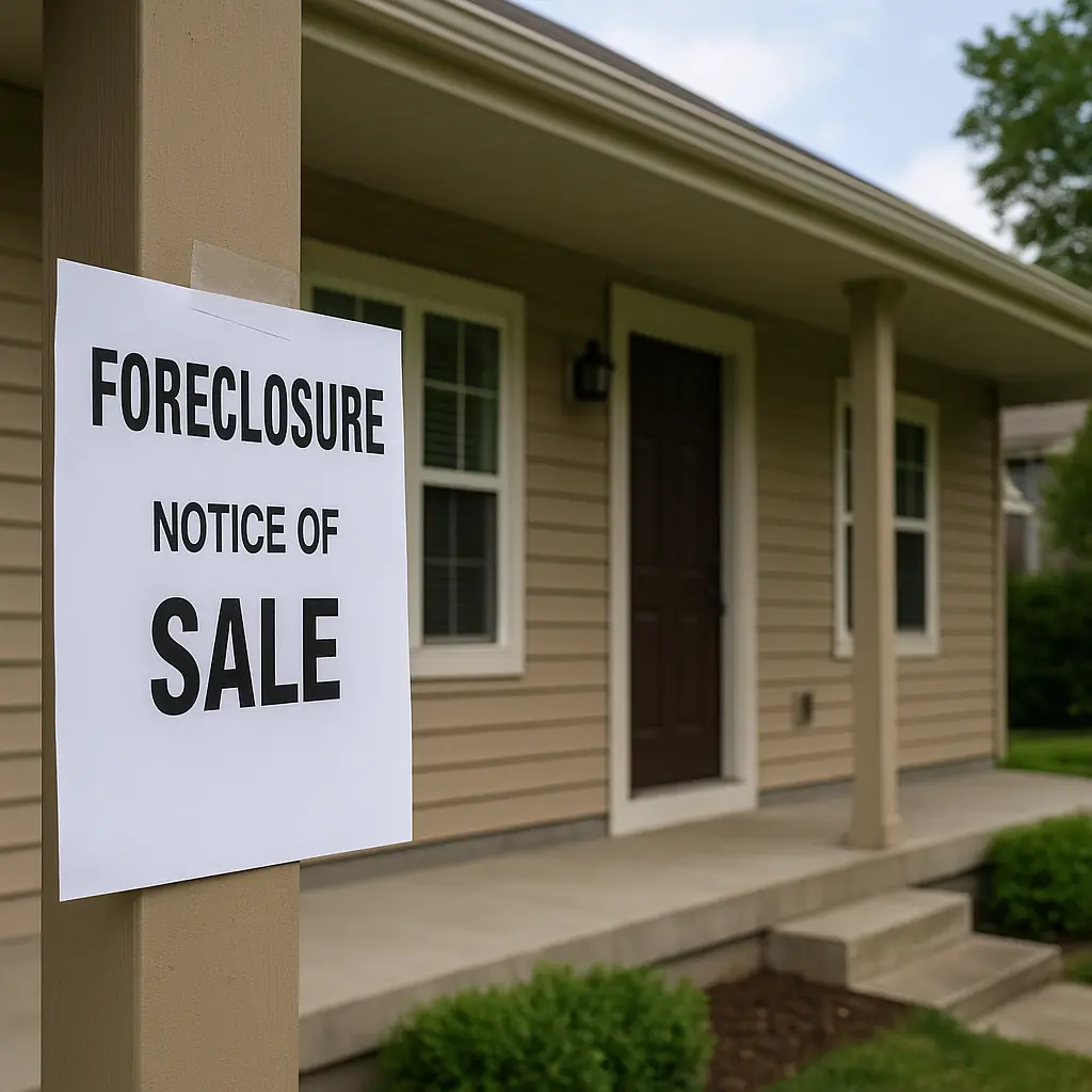 Foreclosure Notice on Home After Job Loss in Austin, TX Suburban Austin home with a foreclosure notice on the front porch after job loss