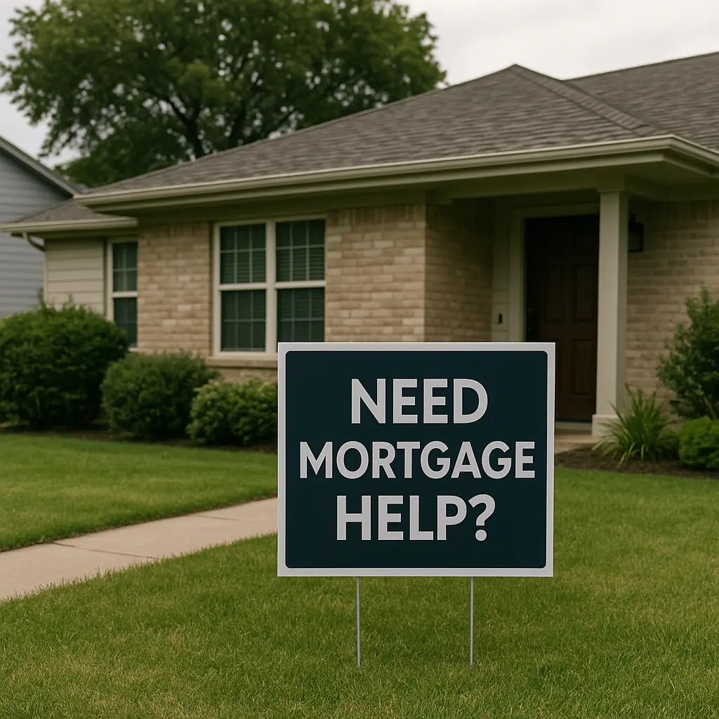Austin House Displaying “Need Mortgage Help?” Sign for Job Loss Situations Austin home with a yard sign that says “Need Mortgage Help?” after job loss