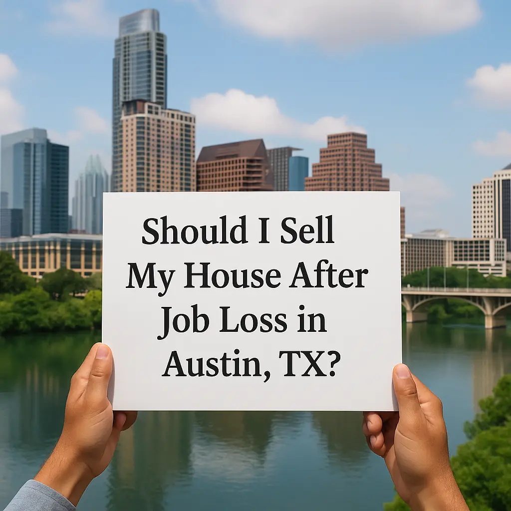 Sign Asking About Selling a House After Job Loss in Austin Person holding a sign that asks “Should I Sell My House After Job Loss in Austin, TX?” with the Austin skyline in the background