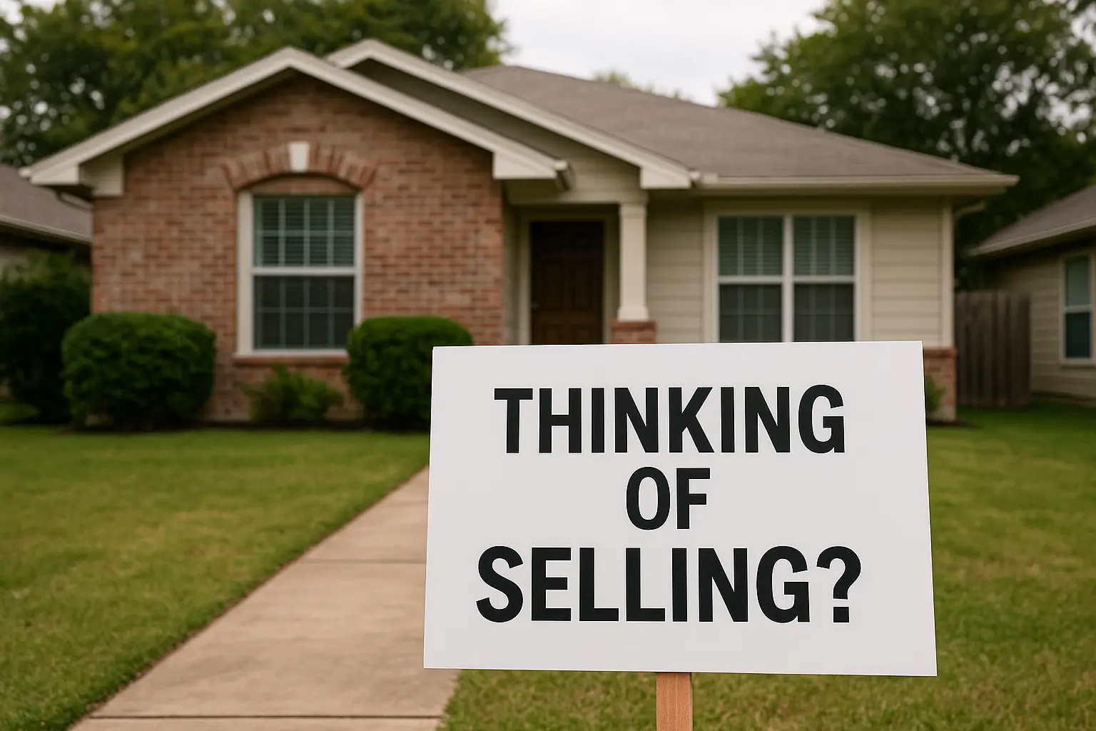 Austin House with “Thinking of Selling?” Sign for Homeowners Facing Job Loss Front yard view of a home in Austin, TX with a sign that reads “Thinking of Selling?”